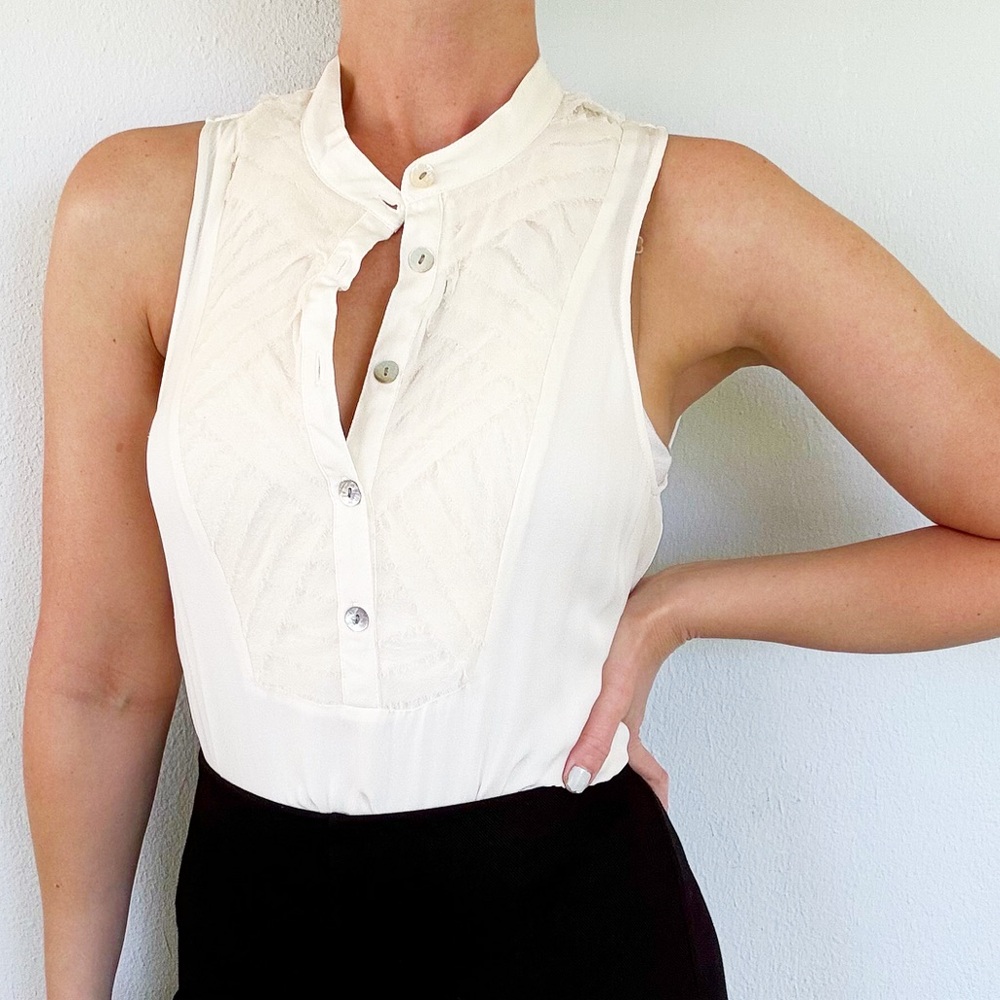 Haute Hippie cream white silk sleeveless mesh half button blouse size small - Picture 2 of 11